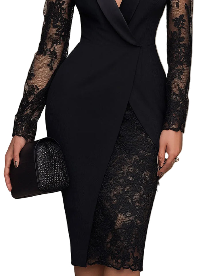 Camila - Elegants Melns Midi Kleita Blazera Stilā ar Mežģīnēm