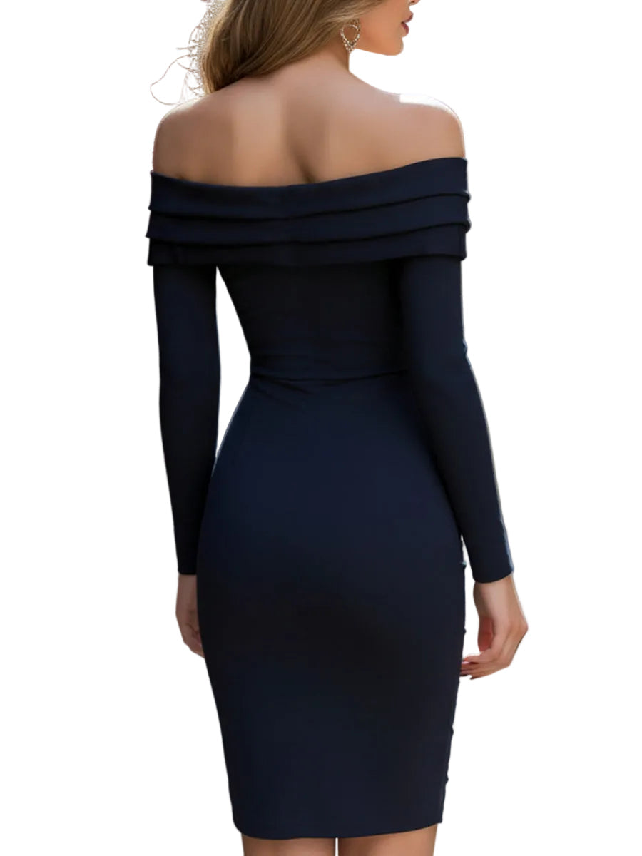 Kassija - Off-Shoulder Rūpēta Zippera Priekšpuses Kleita (Izšūta Kleita ar Siksnu un Zipperi Priekšpusē)