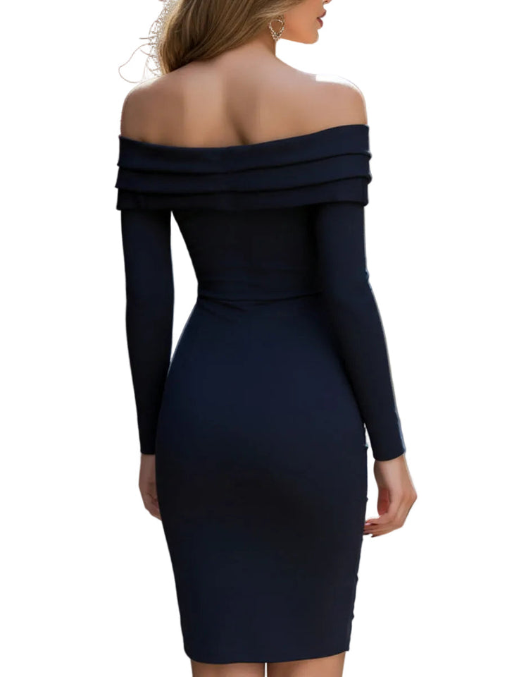 Kassija - Off-Shoulder Rūpēta Zippera Priekšpuses Kleita (Izšūta Kleita ar Siksnu un Zipperi Priekšpusē)