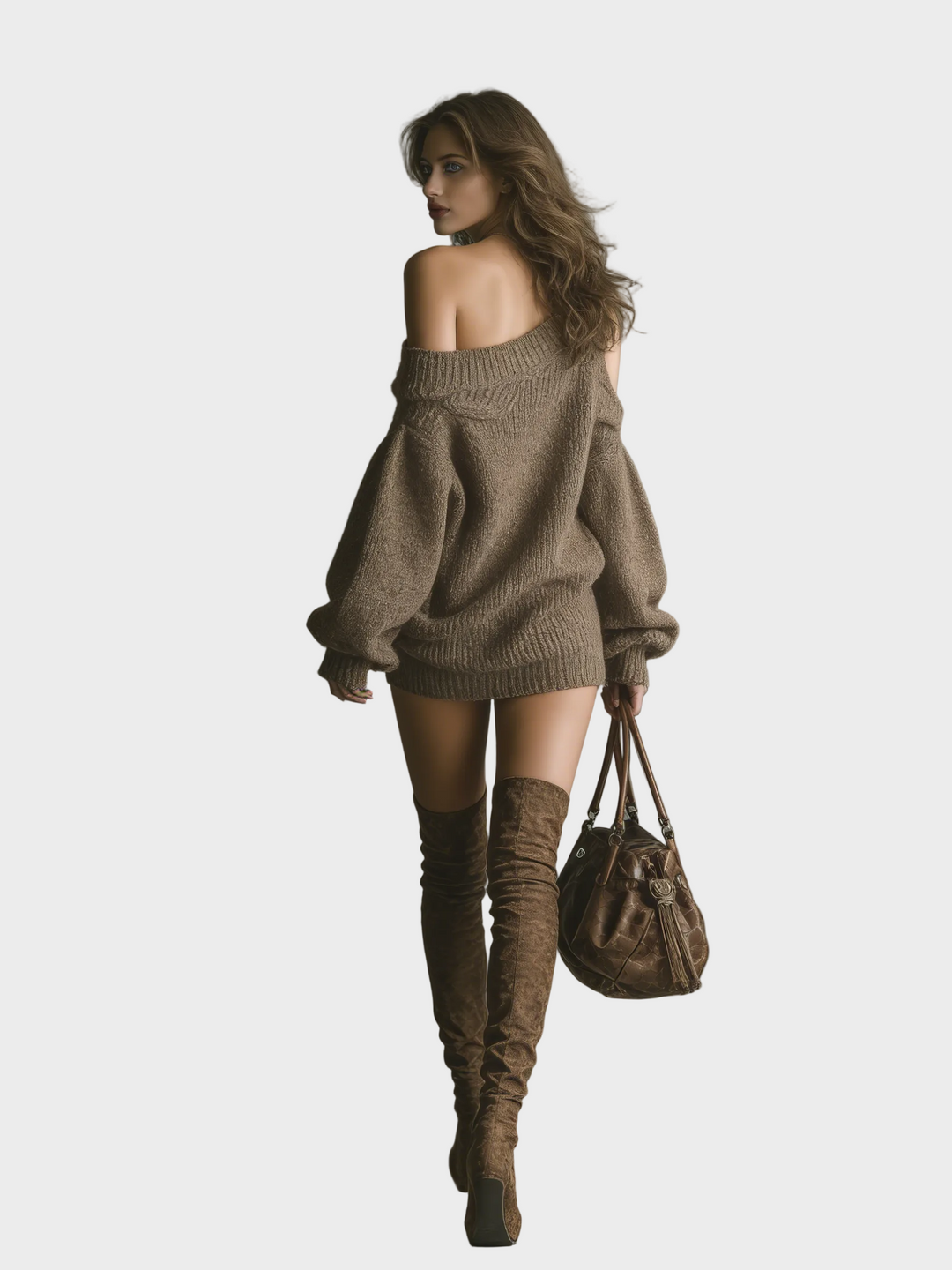 Sally | Sieviešu Brūna Adīta Mini Kleita ar Atvērtajiem Pleciem (Off-shoulder)