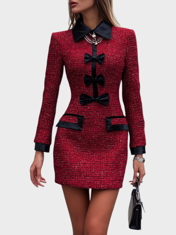 Cynthia | Sarkans Tweed Kleita ar Melniem Akcentiem