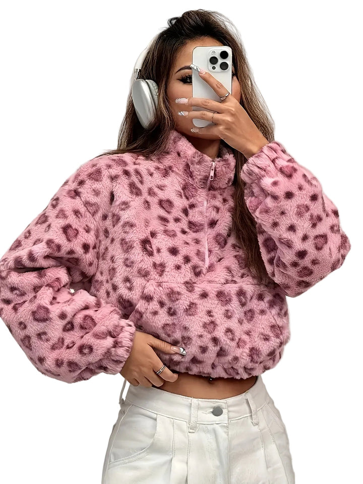Zaria | Fleece džemperis ar rāvējslēdzēju un leoparda rakstu