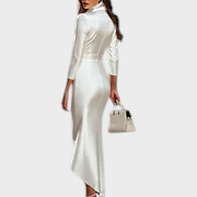 Blanca | Sieviešu Baltā Satīna Kleita Wrap V Izgriezums 3/4 Piedurkne Augsts Zems Bodycon Maxi
