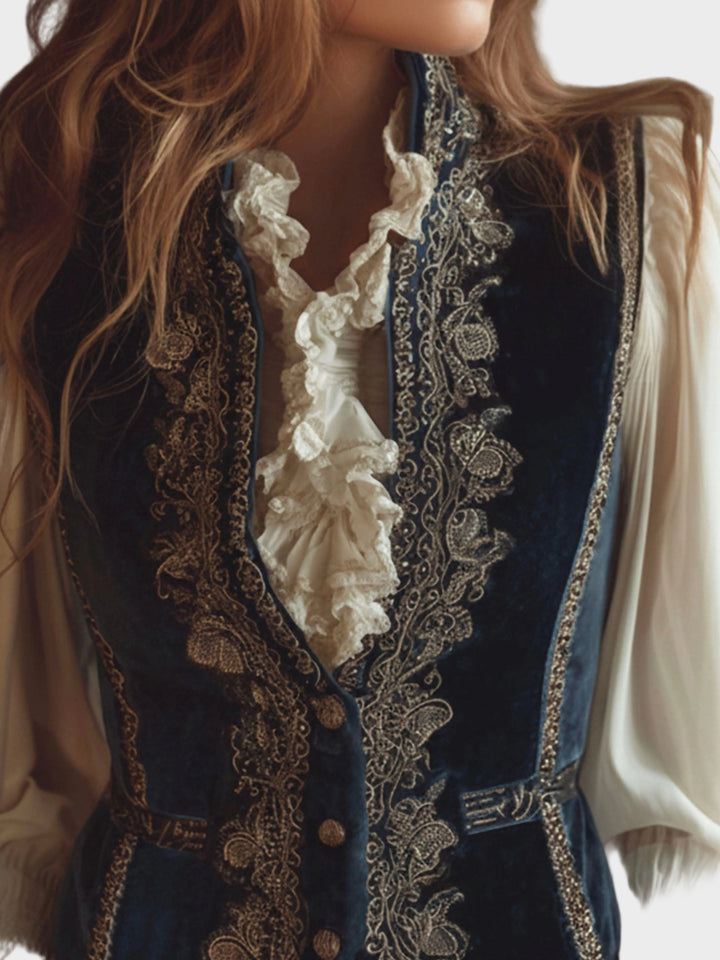 Melanie - Vintage baroka zīda izšūta veste jūras zilā krāsā