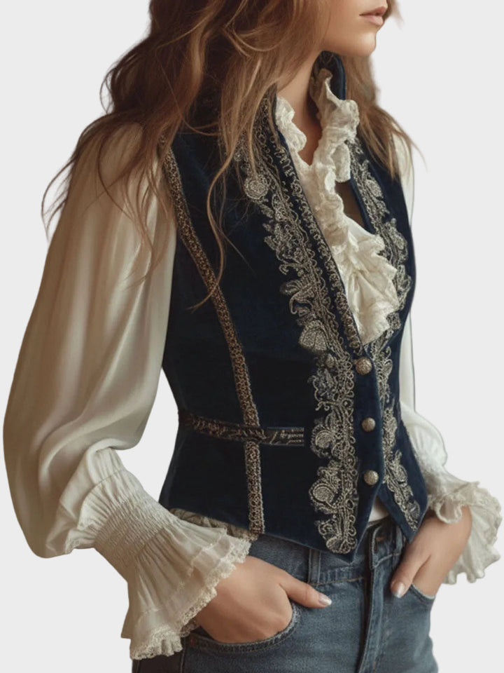 Melanie - Vintage baroka zīda izšūta veste jūras zilā krāsā