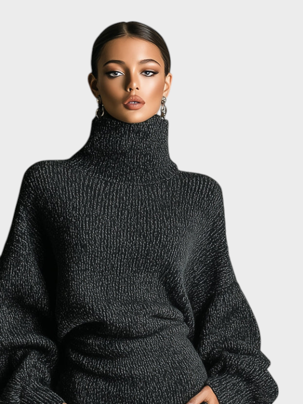 Bettina | Sieviešu Midi Kleita Haki Adīta ar Augstu Kaklu un Oversized Siluetu