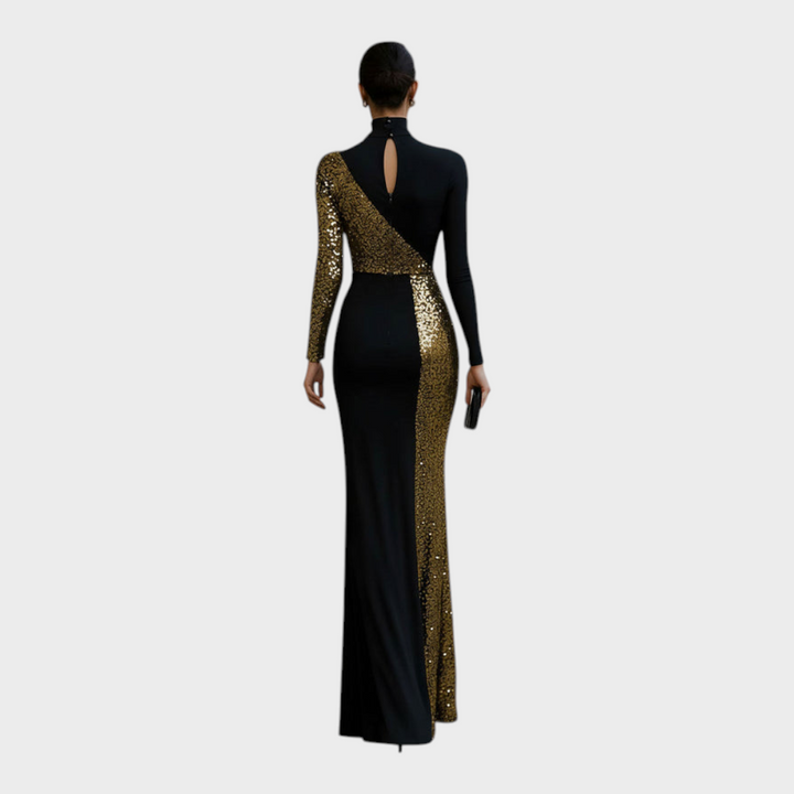 Jamaika | Eleganta Melna un Zelta Maxi Kleita ar Strasēm un Augstu Kaklu