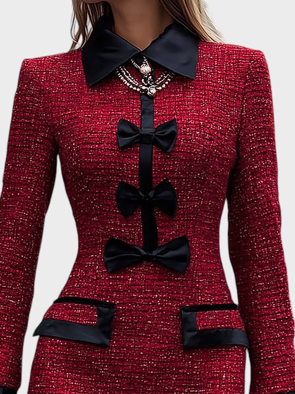 Cynthia | Sarkans Tweed Kleita ar Melniem Akcentiem