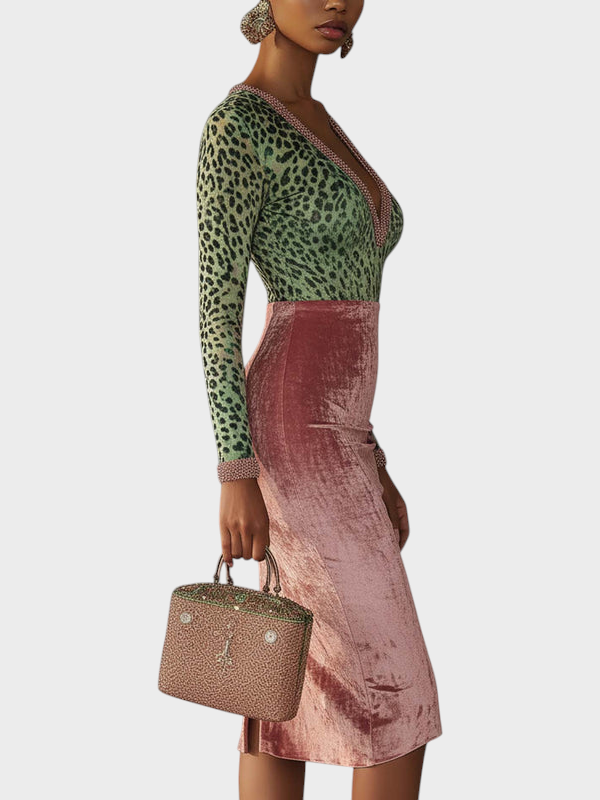 Regitze | Rozā Samta Bodycon Kleita ar Pārlikumiem un Leoparda Rakstu