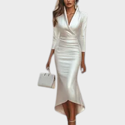 Blanca | Sieviešu Baltā Satīna Kleita Wrap V Izgriezums 3/4 Piedurkne Augsts Zems Bodycon Maxi