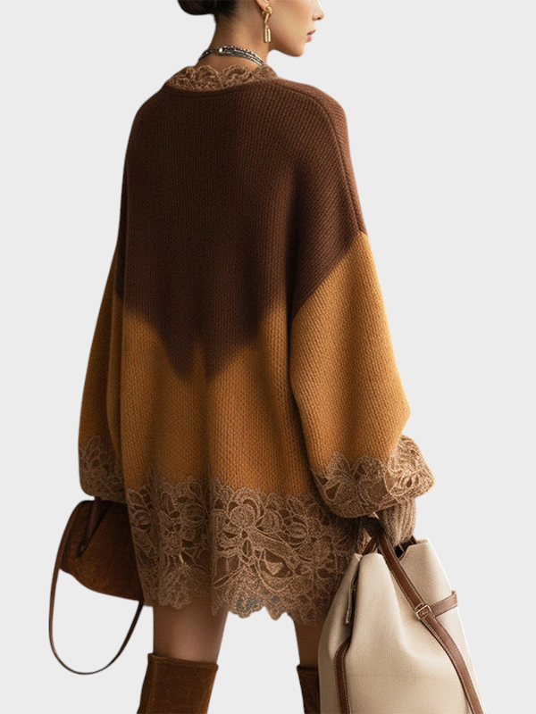 Mille | Kafijas Ombre Adīts Mežģīņu Oversized Mini Kleita Ar Garām Piedurknēm