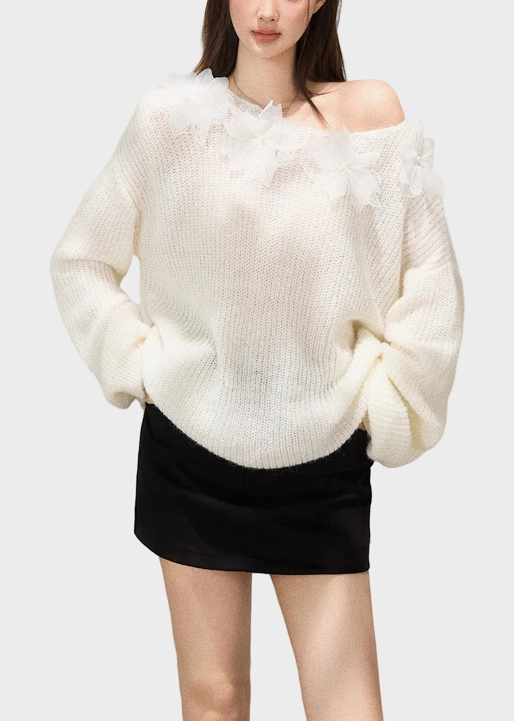Mersedes | Boho Baltā Oversized Ziedu Rotāts Adīts Tops Rudens