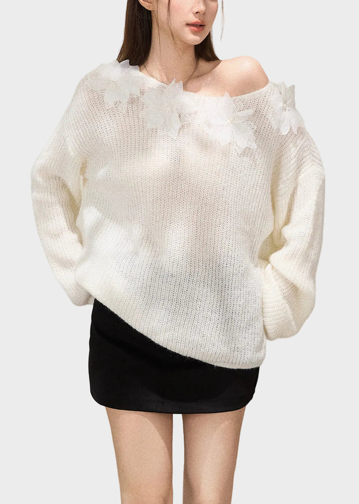 Mersedes | Boho Baltā Oversized Ziedu Rotāts Adīts Tops Rudens