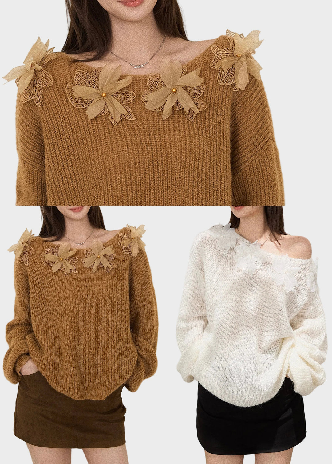 Mersedes | Boho Baltā Oversized Ziedu Rotāts Adīts Tops Rudens
