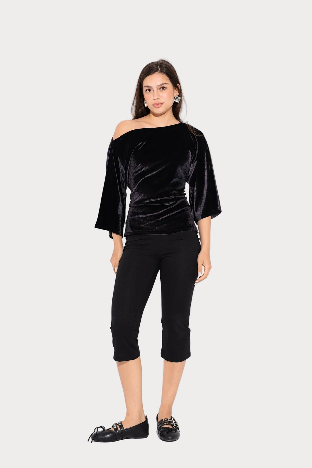 Priscilla | Bez Piedurknēm Samta Tops - Melns