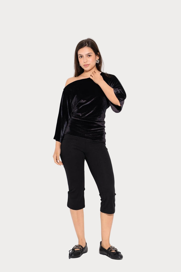 Priscilla | Bez Piedurknēm Samta Tops - Melns
