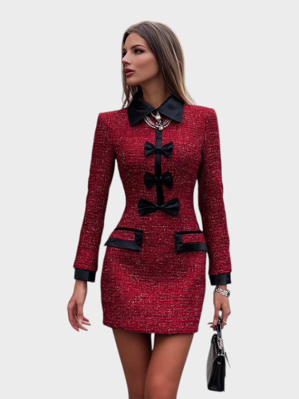 Cynthia | Sarkans Tweed Kleita ar Melniem Akcentiem
