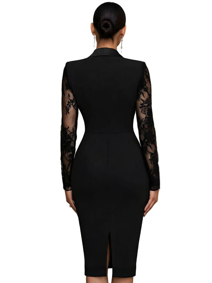 Camila - Elegants Melns Midi Kleita Blazera Stilā ar Mežģīnēm