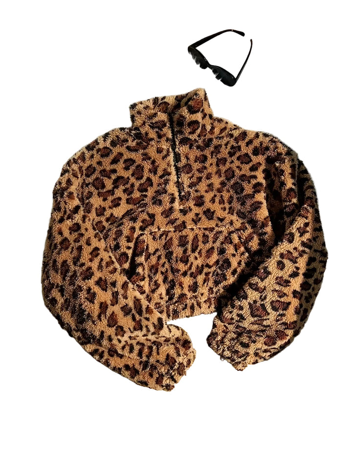 Zaria | Fleece džemperis ar rāvējslēdzēju un leoparda rakstu