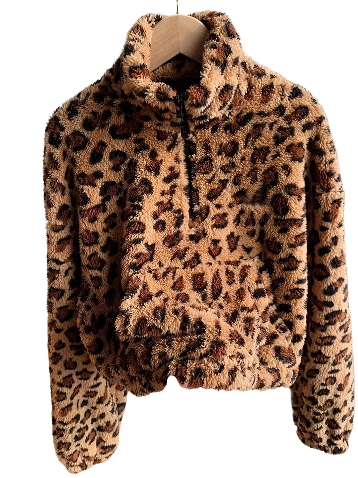 Zaria | Fleece džemperis ar rāvējslēdzēju un leoparda rakstu