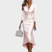 Blanca | Sieviešu Baltā Satīna Kleita Wrap V Izgriezums 3/4 Piedurkne Augsts Zems Bodycon Maxi