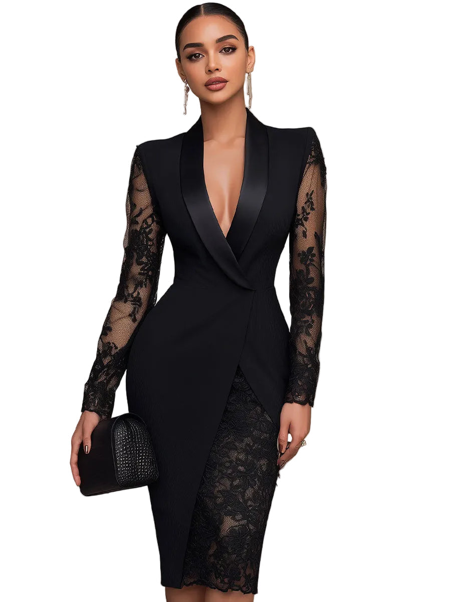 Camila - Elegants Melns Midi Kleita Blazera Stilā ar Mežģīnēm