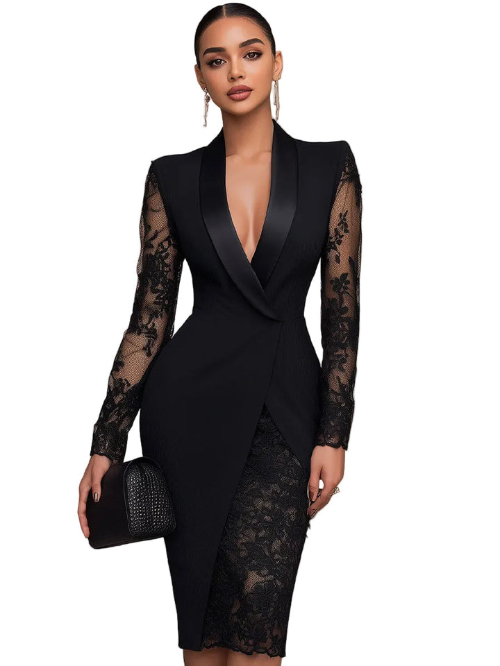 Camila - Elegants Melns Midi Kleita Blazera Stilā ar Mežģīnēm