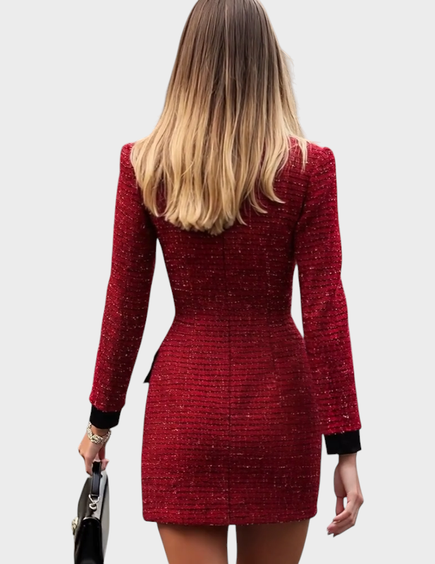Cynthia | Sarkans Tweed Kleita ar Melniem Akcentiem
