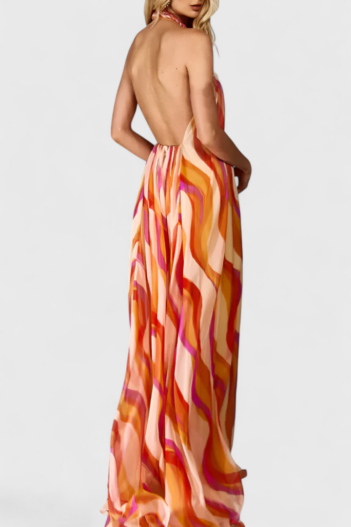 Remi Maxi Halter Kleita ar Viļņveida Rakstu un Elegantu Austu